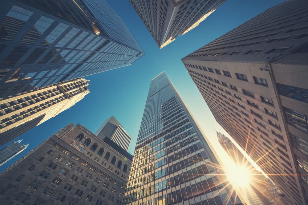 Modern corporate buildings viewed from below